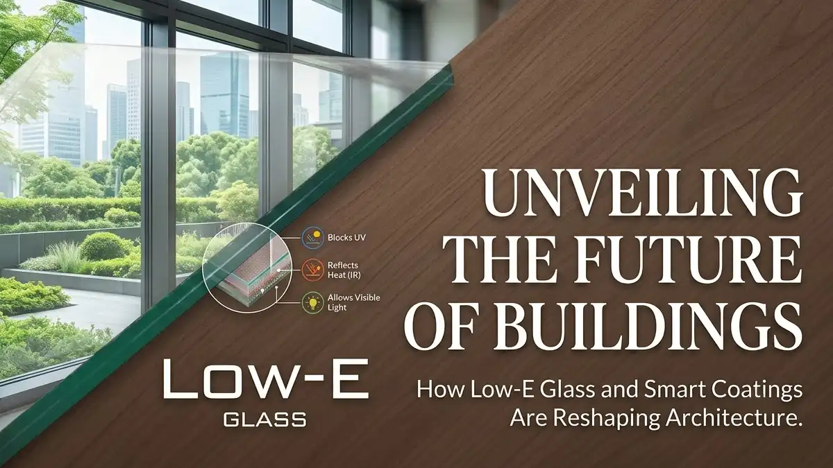 Diagram showcasing how energy-efficient Low-E glass blocks UV rays, reflects infrared heat, and allows visible light into a modern building.