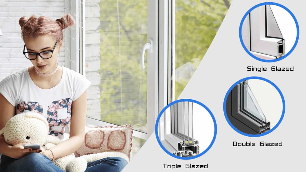 Comparison of single, double, and triple glazing cross-sections showing insulation layers and air gaps that improve thermal efficiency and lower a window's U-value.
