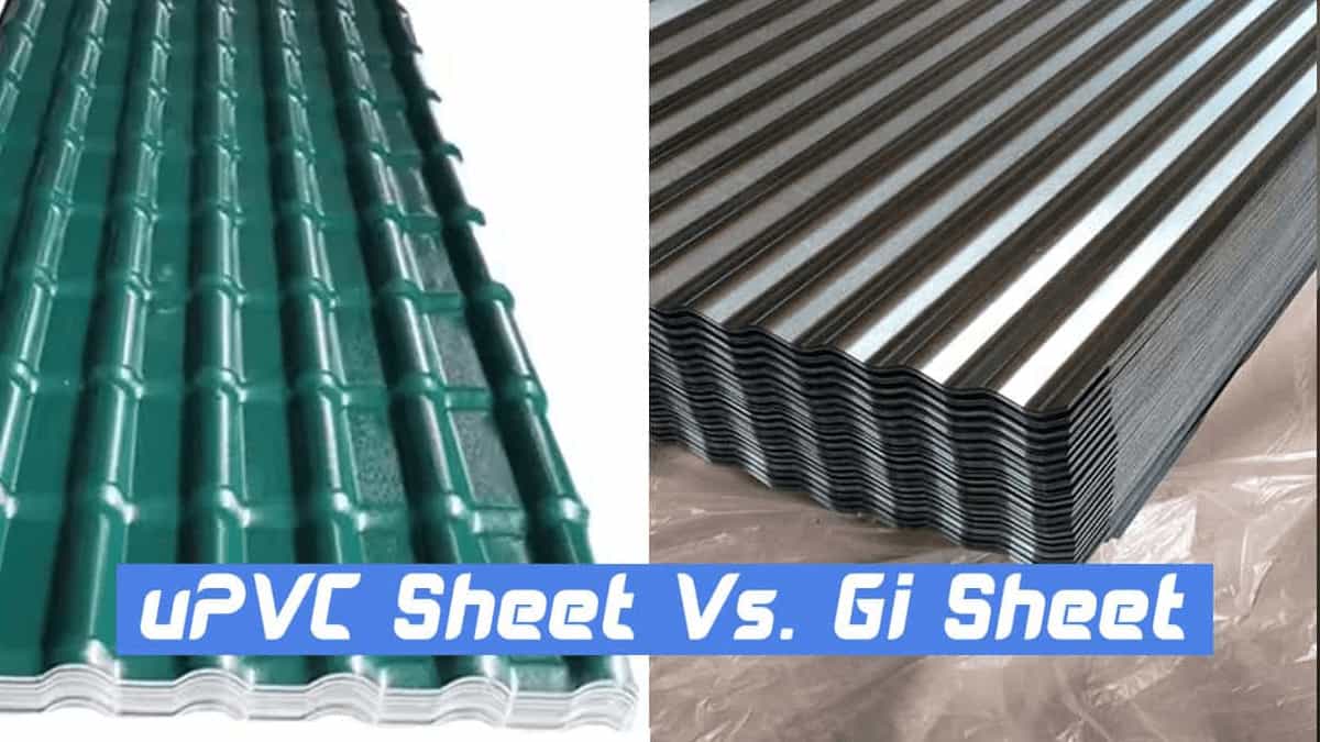 Side-by-side comparison of a green uPVC roofing sheet (left) and a stack of silver corrugated GI sheets (right), visually representing the differences between the two roofing materials.
