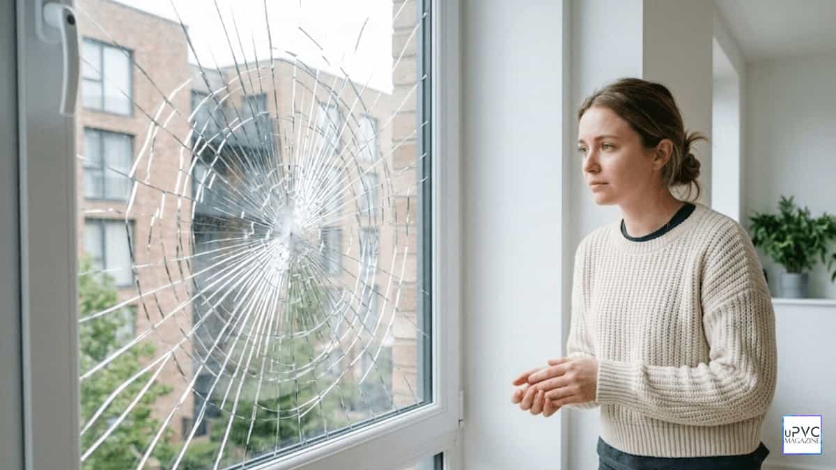 Upset young woman standing indoors looking at a shattered uPVC window with spiderweb cracks, modern home interior with dark window frames