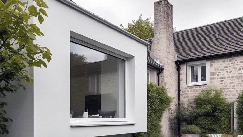A large, modern fixed uPVC window installed in a white contemporary home extension next to a traditional stone building in the UK.