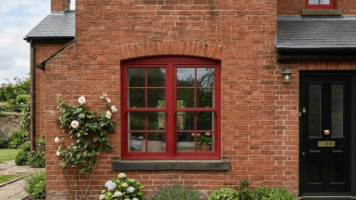 Not Just White uPVC Windows Try These Colour Options Red uPVC sash window on a traditional UK brick house with vertical sliding window design and Georgian bars