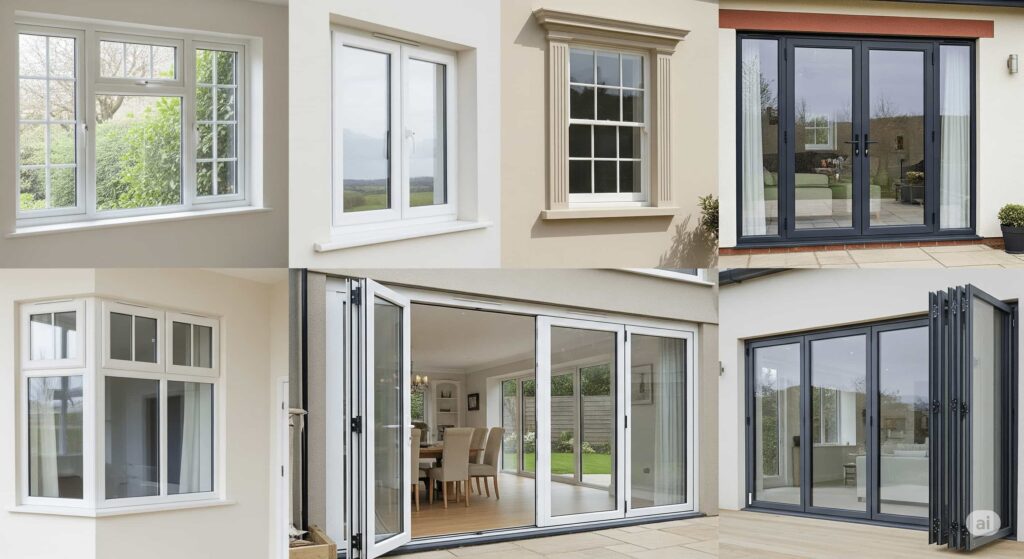 Your UK Guide to uPVC Double Glazing: Know Before You Buy! Collage of various uPVC double glazing styles including casement, tilt-and-turn, sash windows, French, patio, and bi-fold doors.