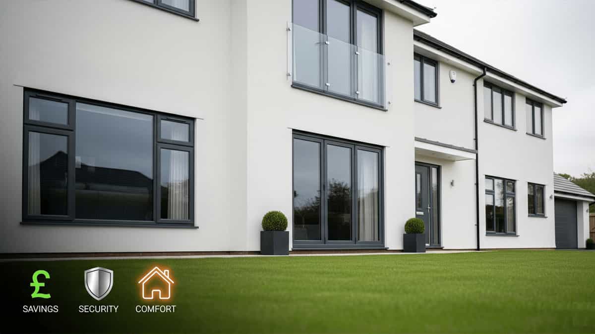 Modern UK home with sleek anthracite uPVC double-glazed windows, showcasing energy efficiency, security, and comfort benefits.