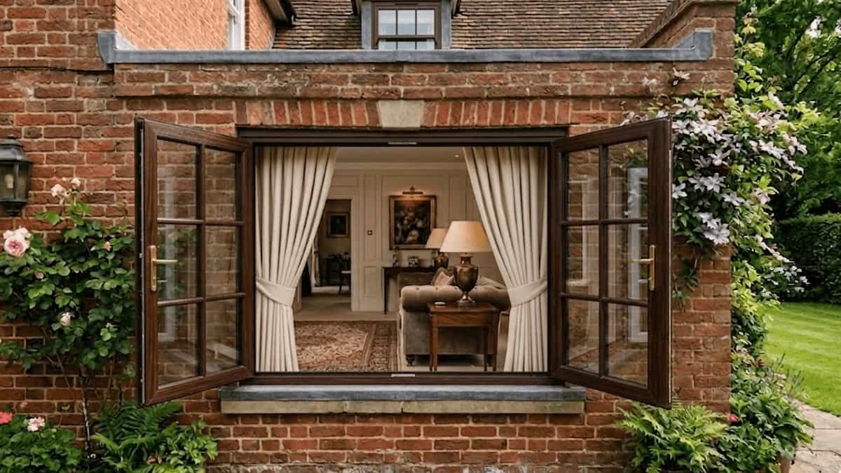 Not Just White uPVC Windows Try These Colour Options A pair of Rosewood uPVC French casement windows swung open on a traditional red brick house, overlooking a garden.