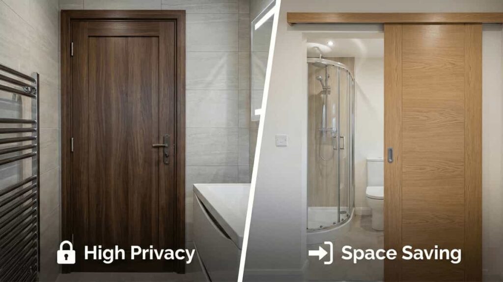 A comparison layout showing the privacy benefits of a hinged uPVC door versus a space-saving sliding uPVC door for UK renovations.
