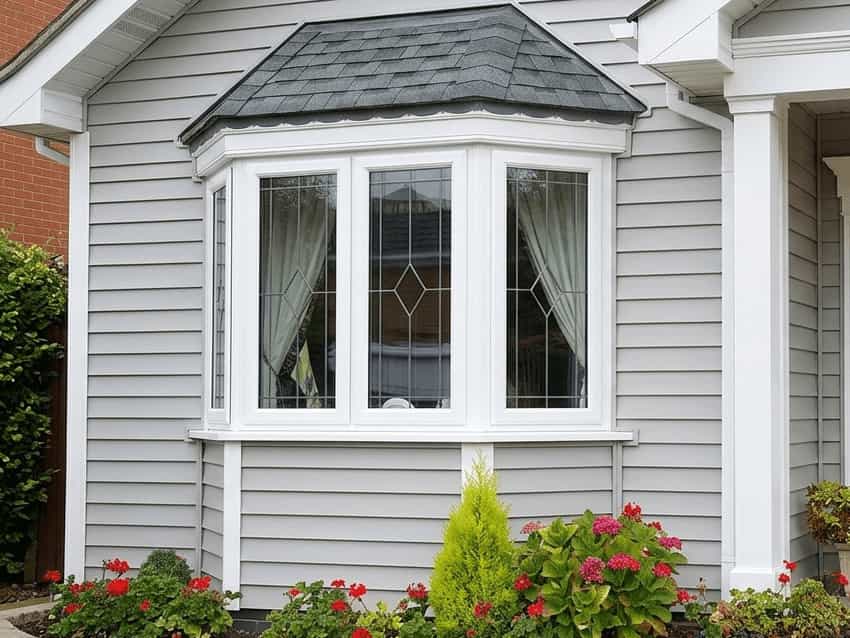 uPVC Double Glazed Windows Options Exterior view of a white uPVC bay window with decorative diamond grills on a grey house