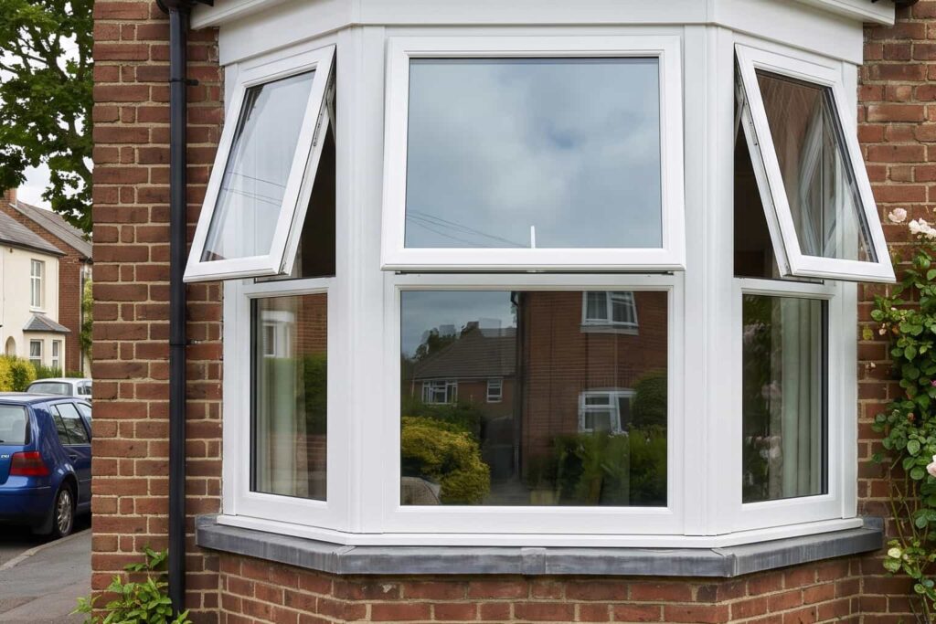 White uPVC bay window with top-hung awning windows on a UK home