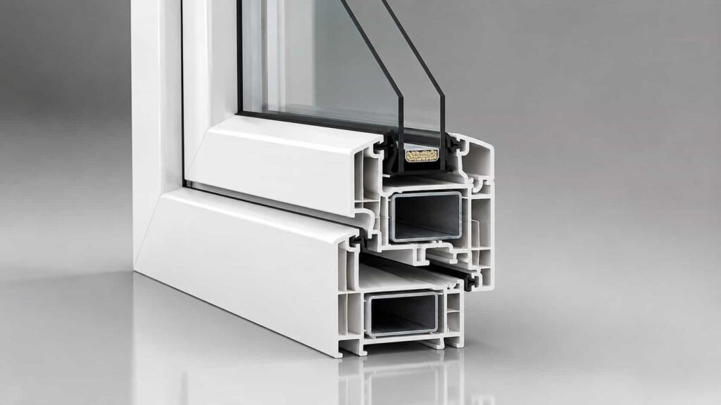 ross-sectional view of a white uPVC double-glazed window frame showing multi-chambered profiles, metal reinforcement, insulated glass and weather seals