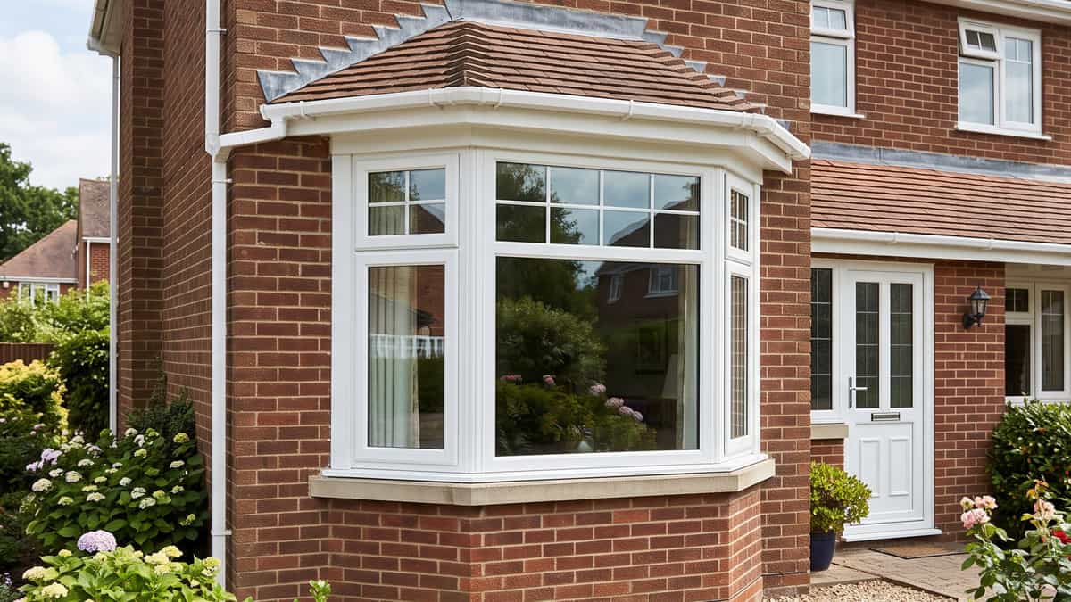 White uPVC windows arranged in a three-sided bay window on a British home